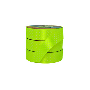 Rollo de cinta satinada amarillo neón con puntos blancos, ideal para distribuidores que buscan producto llamativo.