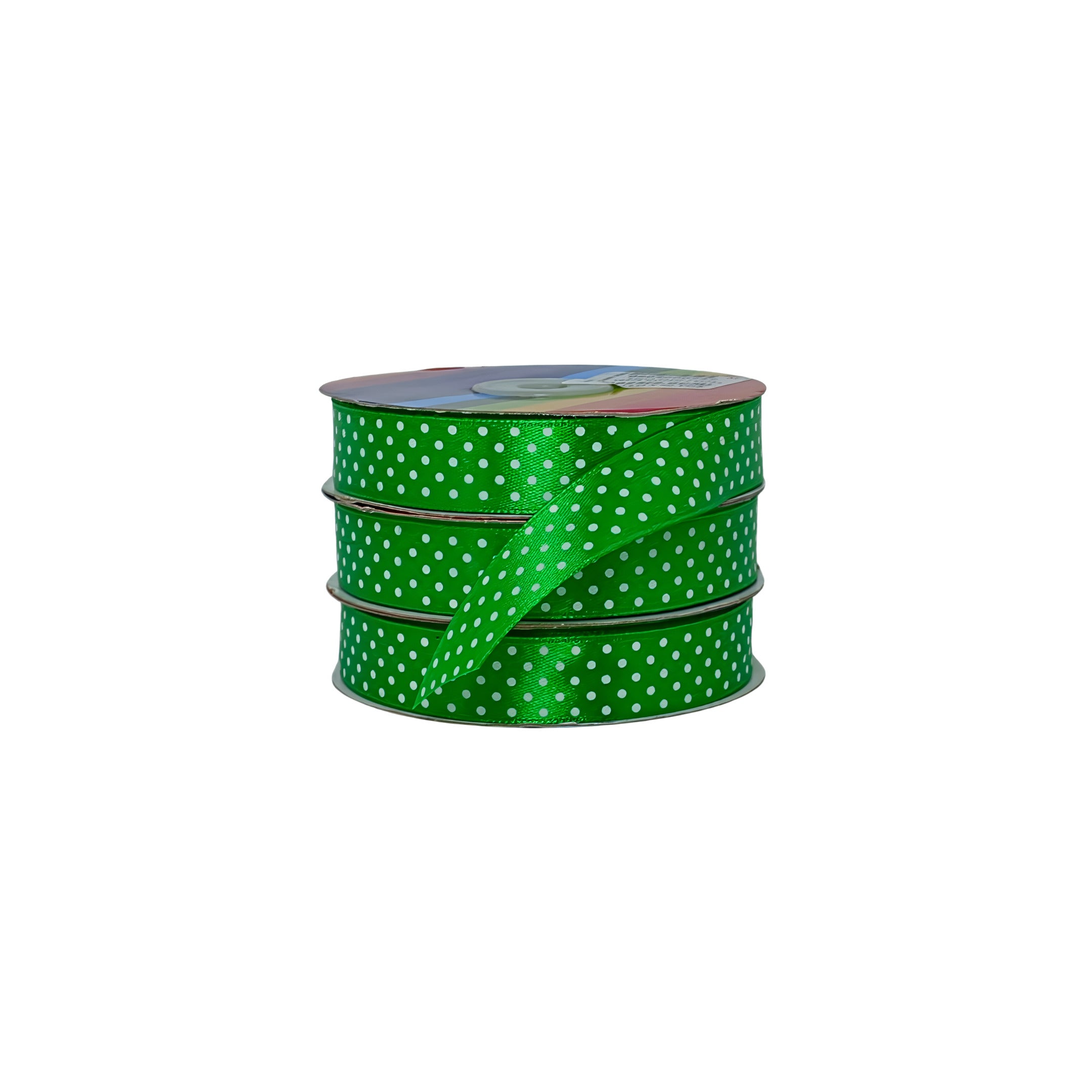 Cinta satín verde con puntos blancos, ideal para decoración y producción creativa.