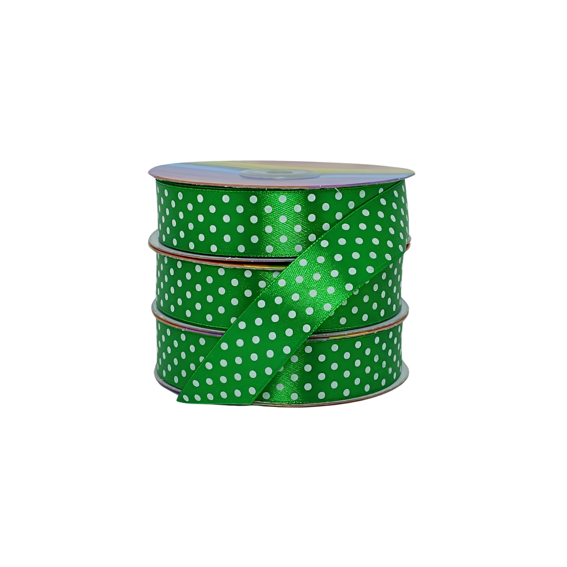 Cinta satinada brillante verde vibrante con puntos blancos, ideal para productores y distribuidores.