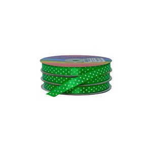 Cinta verde satinada con puntos blancos, en rollo, ideal para decoración profesional con gran impacto visual.