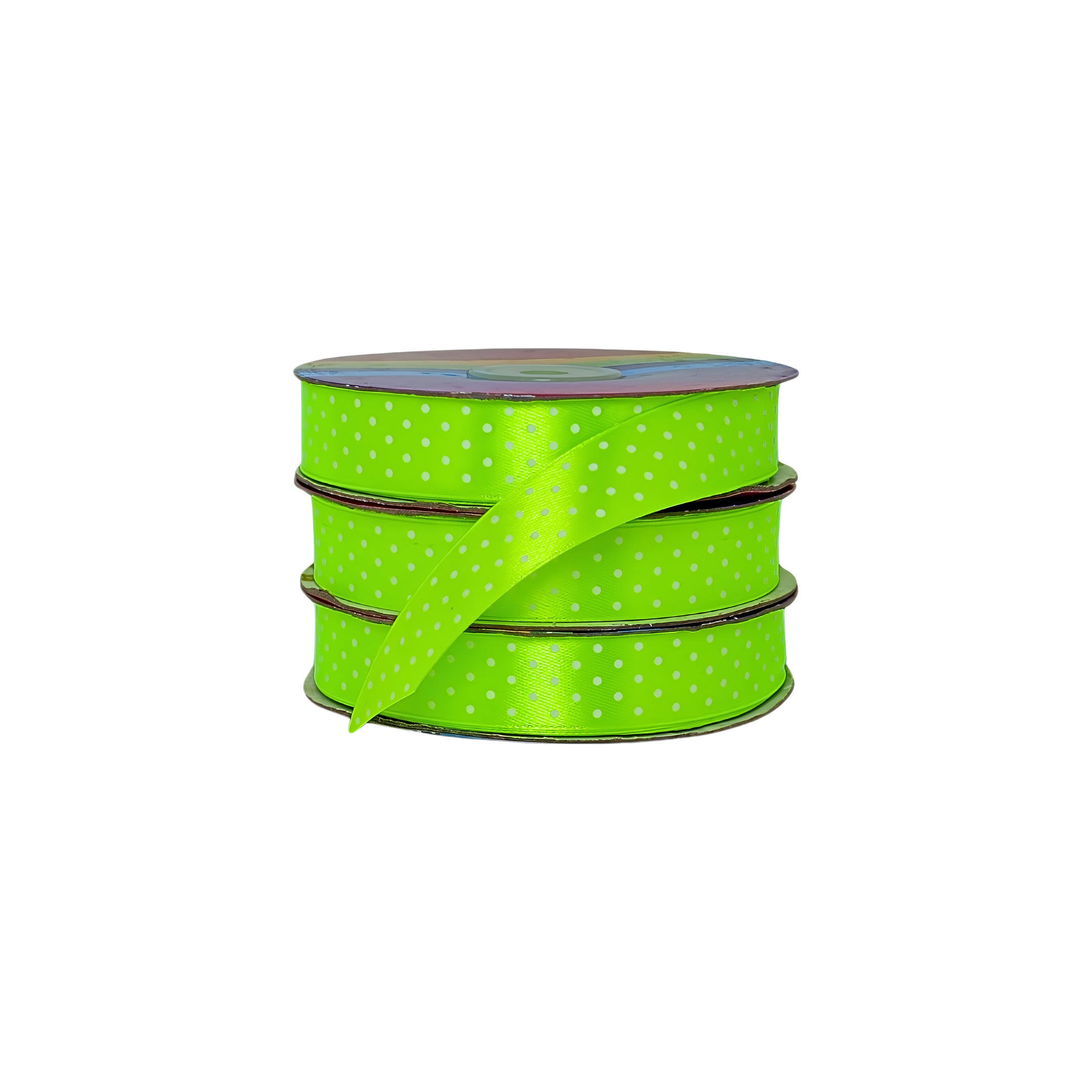 Cinta satín verde neón con puntos blancos, diseño vibrante y profesional pensado para distribuidores y ventas por volumen.