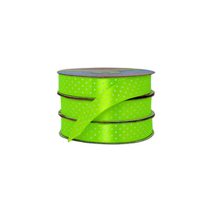 Cinta satín verde neón con puntos blancos, diseño vibrante y profesional pensado para distribuidores y ventas por volumen.