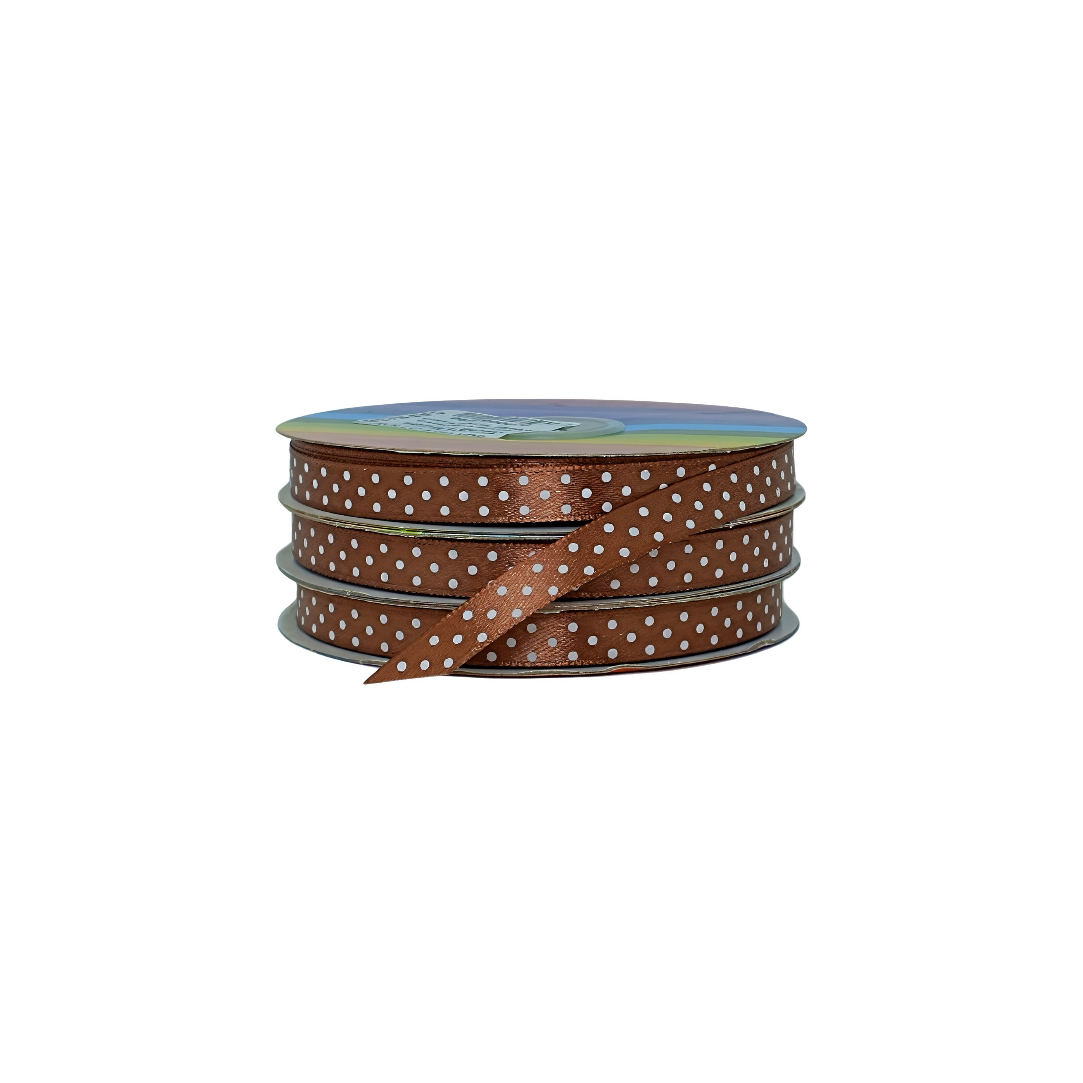 Rollo de cinta café satinada con puntos blancos, versátil para decorar regalos, productores y distribuidores.