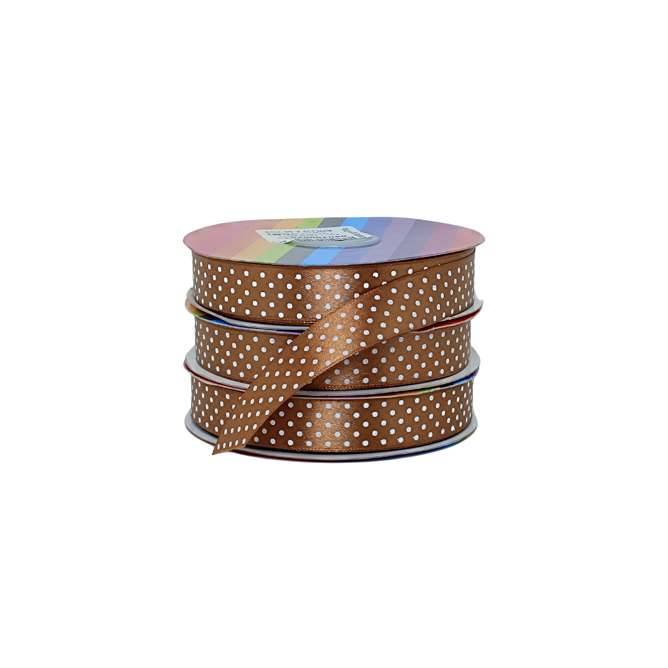Rollo de cinta satín café con puntos blancos, acabado brillante, ideal para empaques y decoración, pedidos al por mayor.