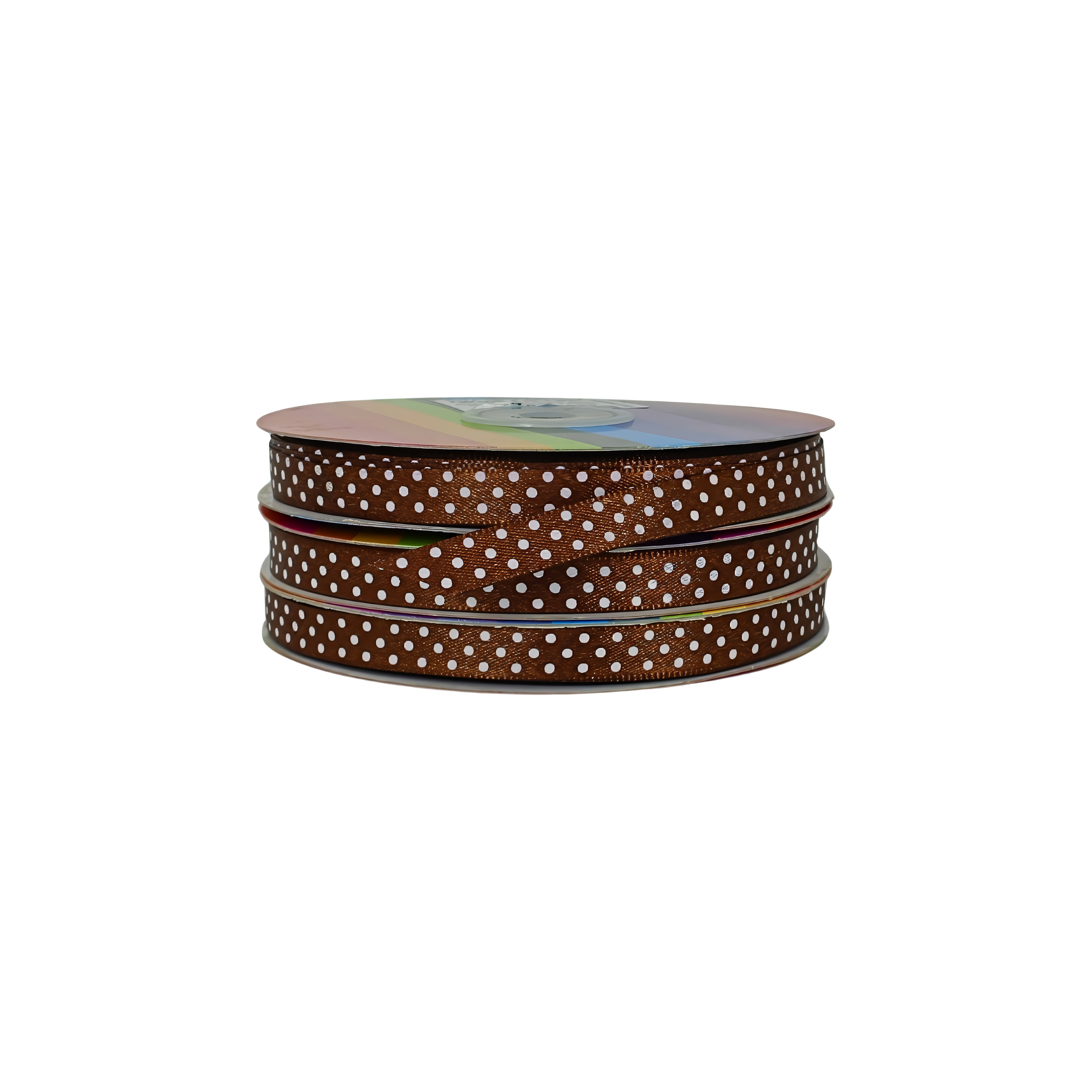 Rollo de cinta café oscuro estampada con puntos blancos ideal para confección y abastecimiento mayorista.