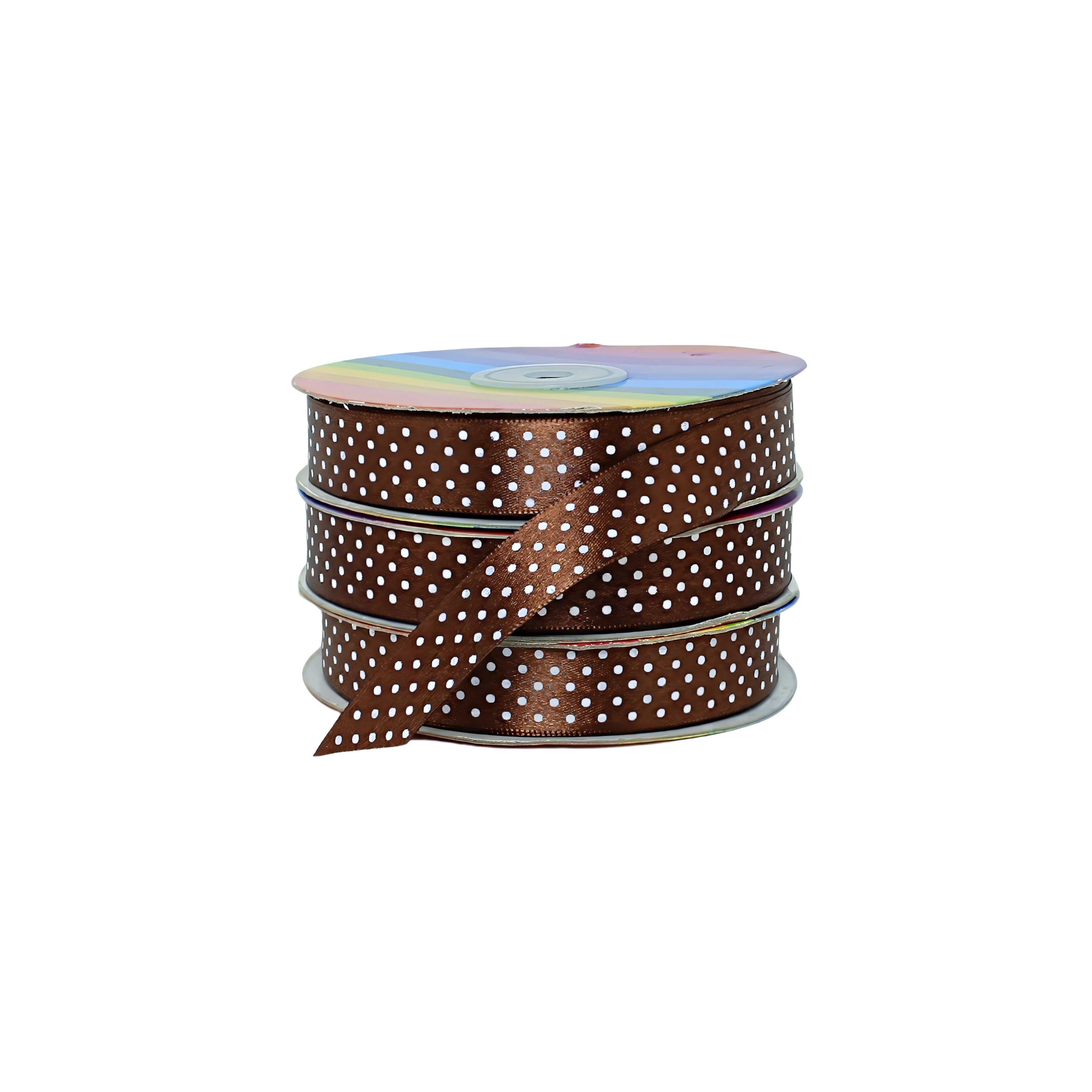 Cinta satín café oscuro con puntos blancos, diseño elegante en rollo profesional, para empaques mayoristas.