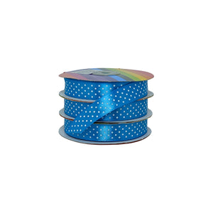 Cinta satín azul turquesa con pequeños puntos blancos, ideal para embellecer productos, al por mayor.