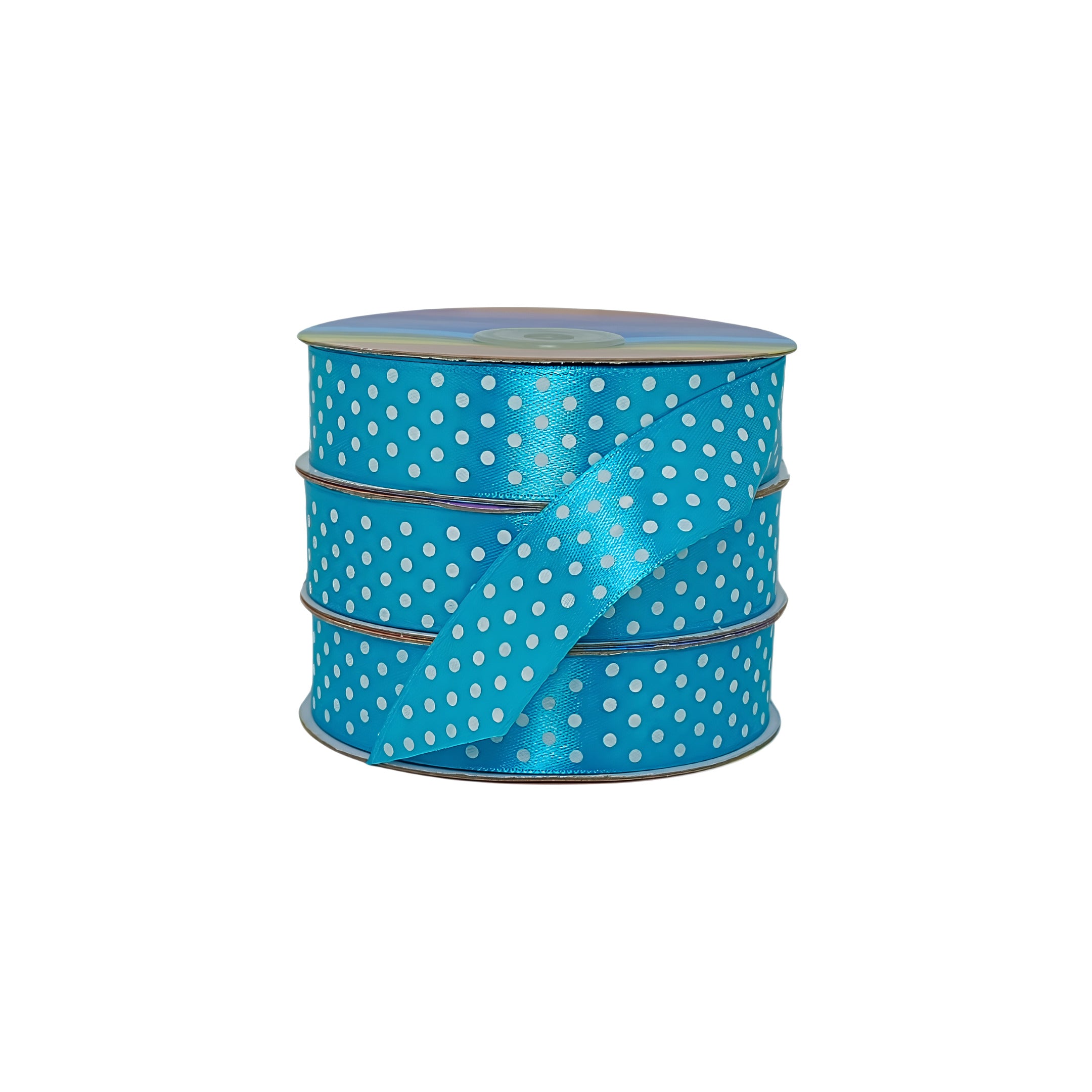 Cinta satinada turquesa brillante con puntos blancos, ideal para productores o distribuidores que buscan diseño atractivo.