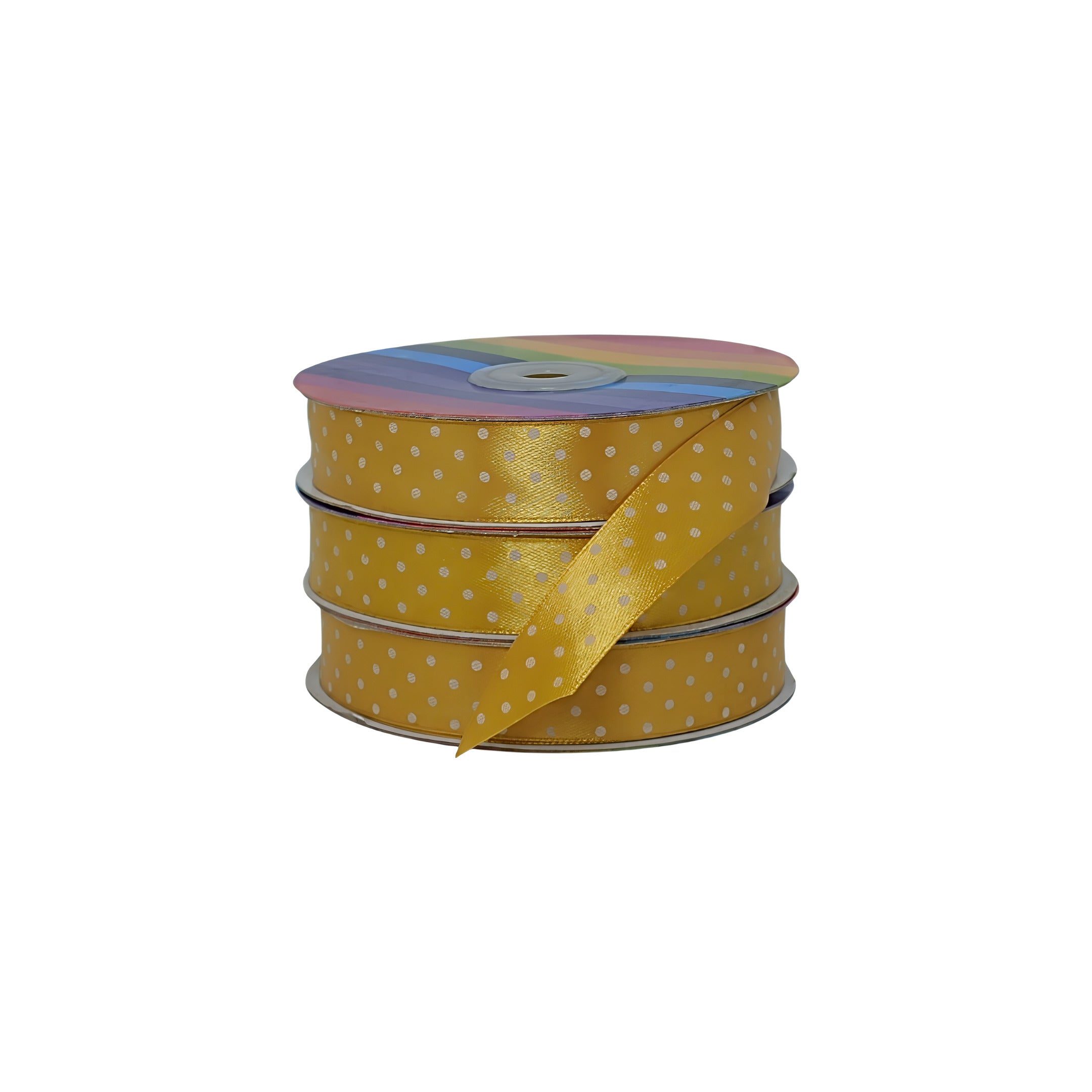 Cinta satín dorada con puntos blancos, ideal para decoraciones atractivas, productores y distribuidores.