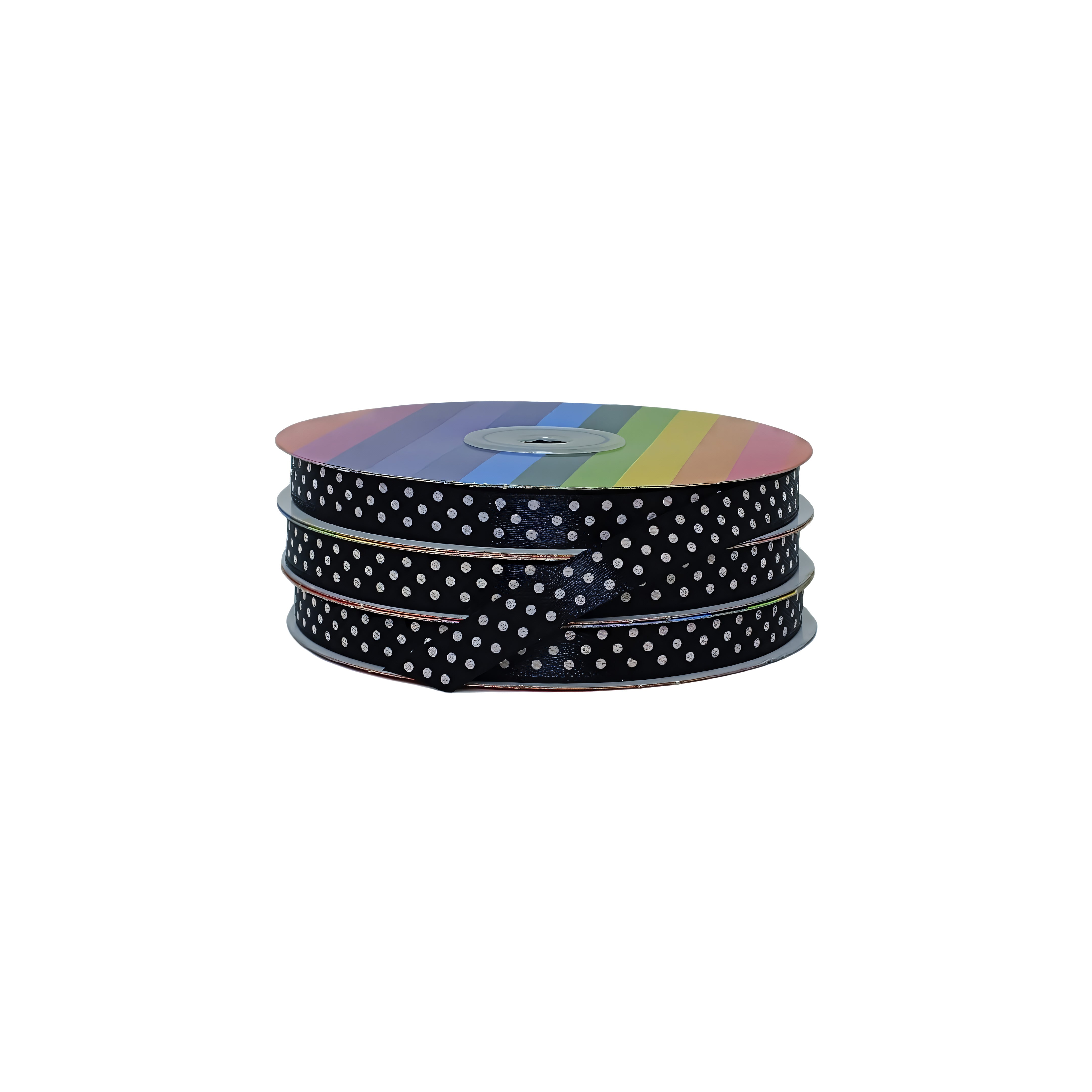 Rollo de cinta negra satinada con puntos blancos, para decorar productos con estilo atractivo y profesional.